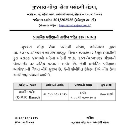 Revenue Talati Exam date 2025 - gsssb exam date 2025