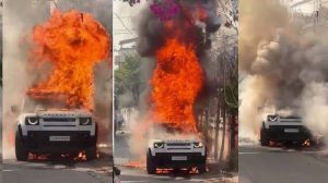 in vadodara Land Rover Defender Car Worth Crores suddenly caught fire Video viral 